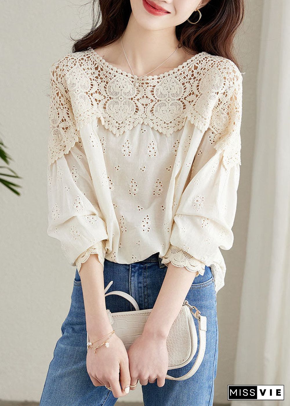 French Apricot Hollow Out Lace Patchwork Cotton Shirts Top Spring