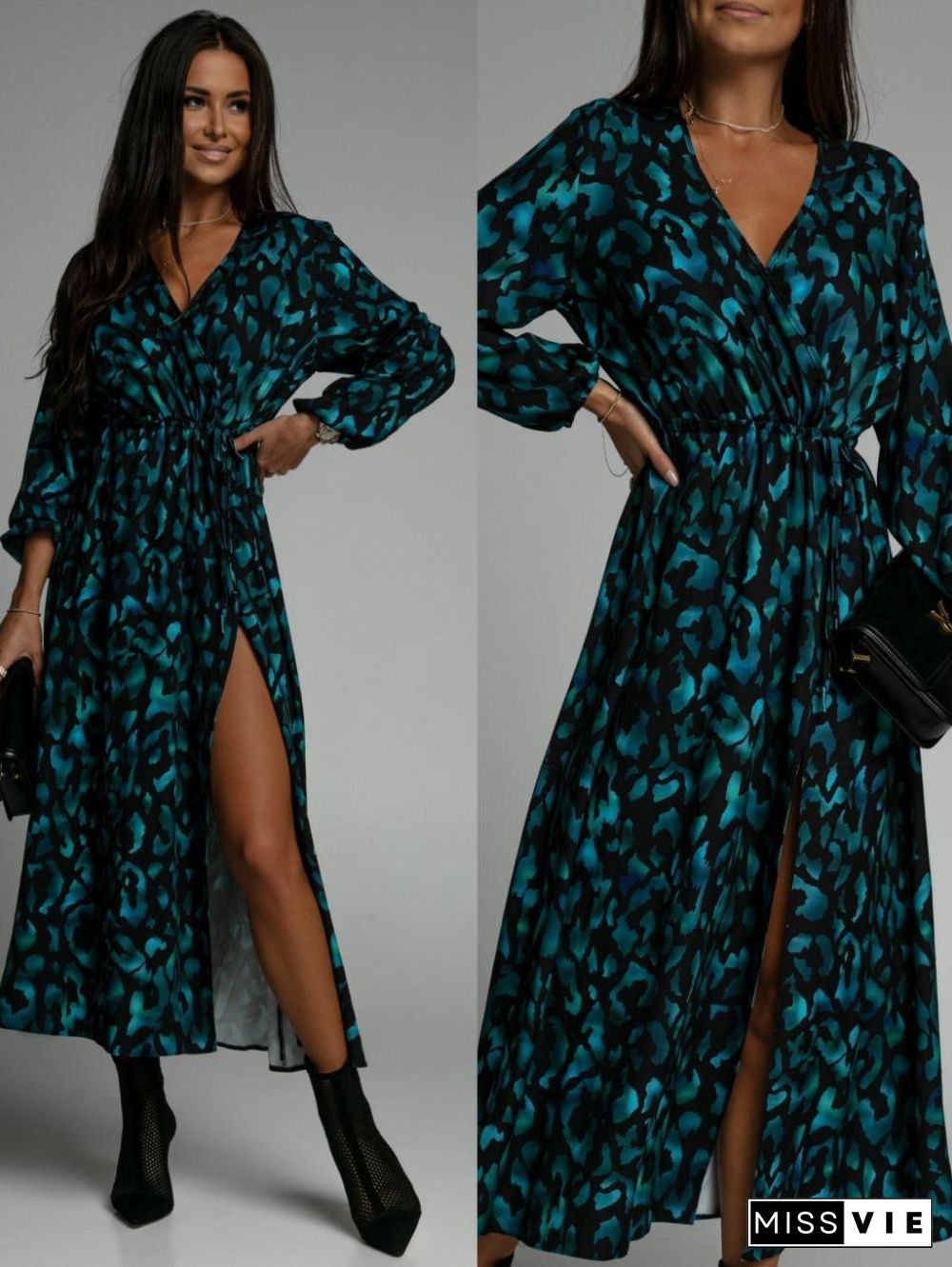 New Fashion Print Mid-length Dress Women High Waist V Neck Chiffon Slit Dress Casual Vacation Beach Dress