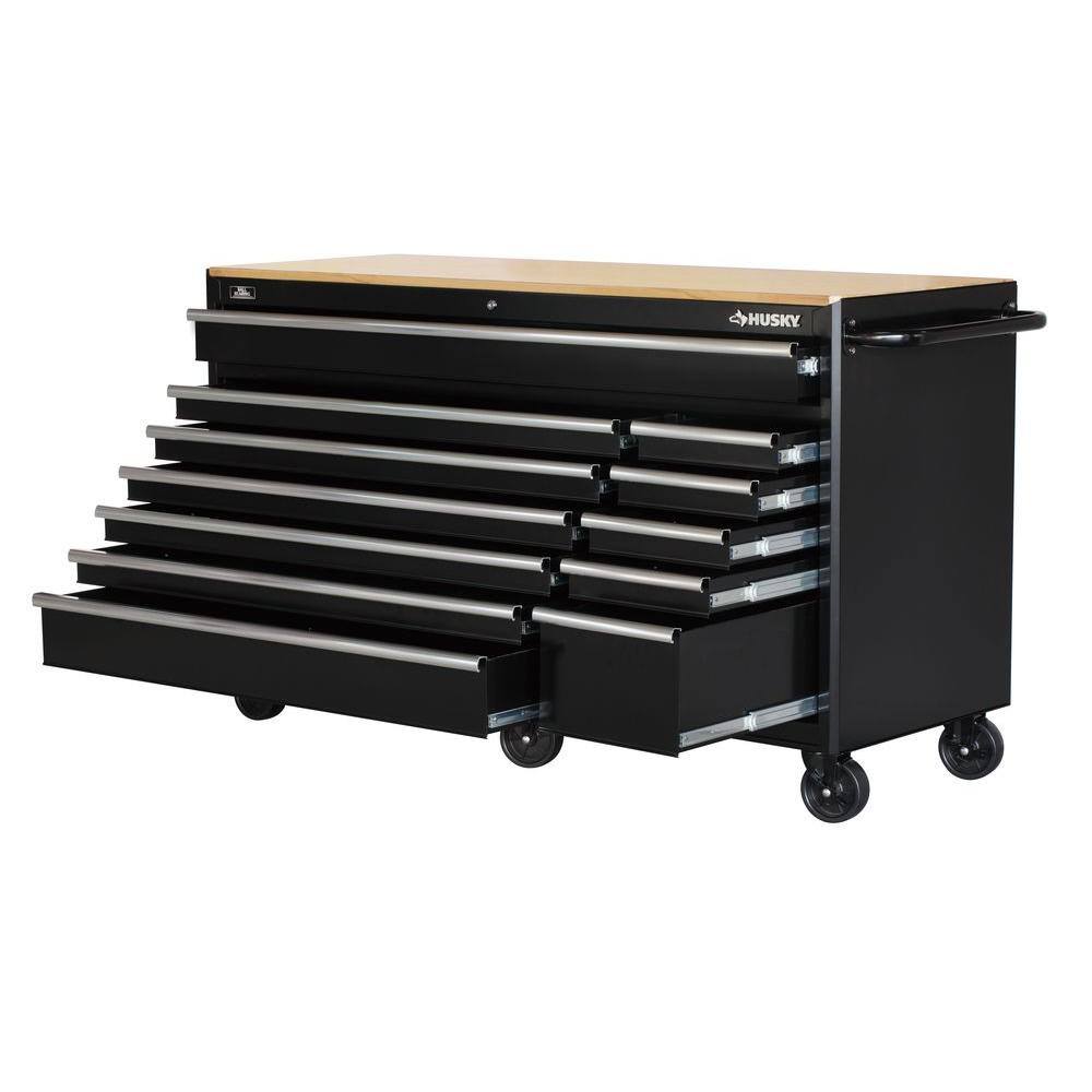 Husky 66 in. W x 24 in. D Standard Duty 12-Drawer Mobile Workbench Tool Chest with Solid Wood Top in Gloss Black 76812A24