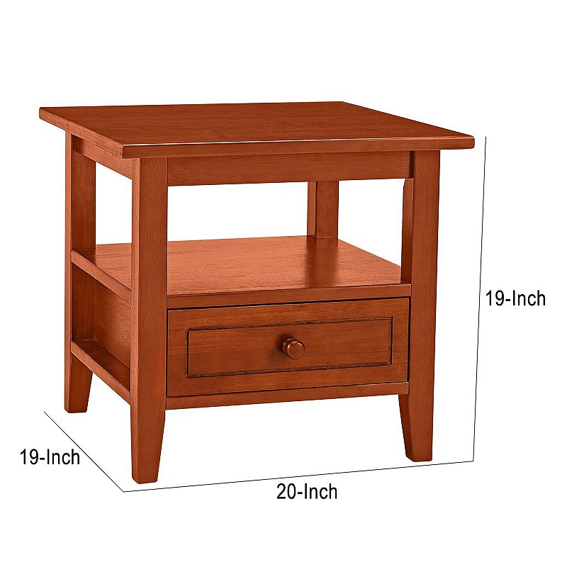 20 Inch Handcrafted Rubberwood Side End Table， 1 Shelf， Rectangular， Honey Brown