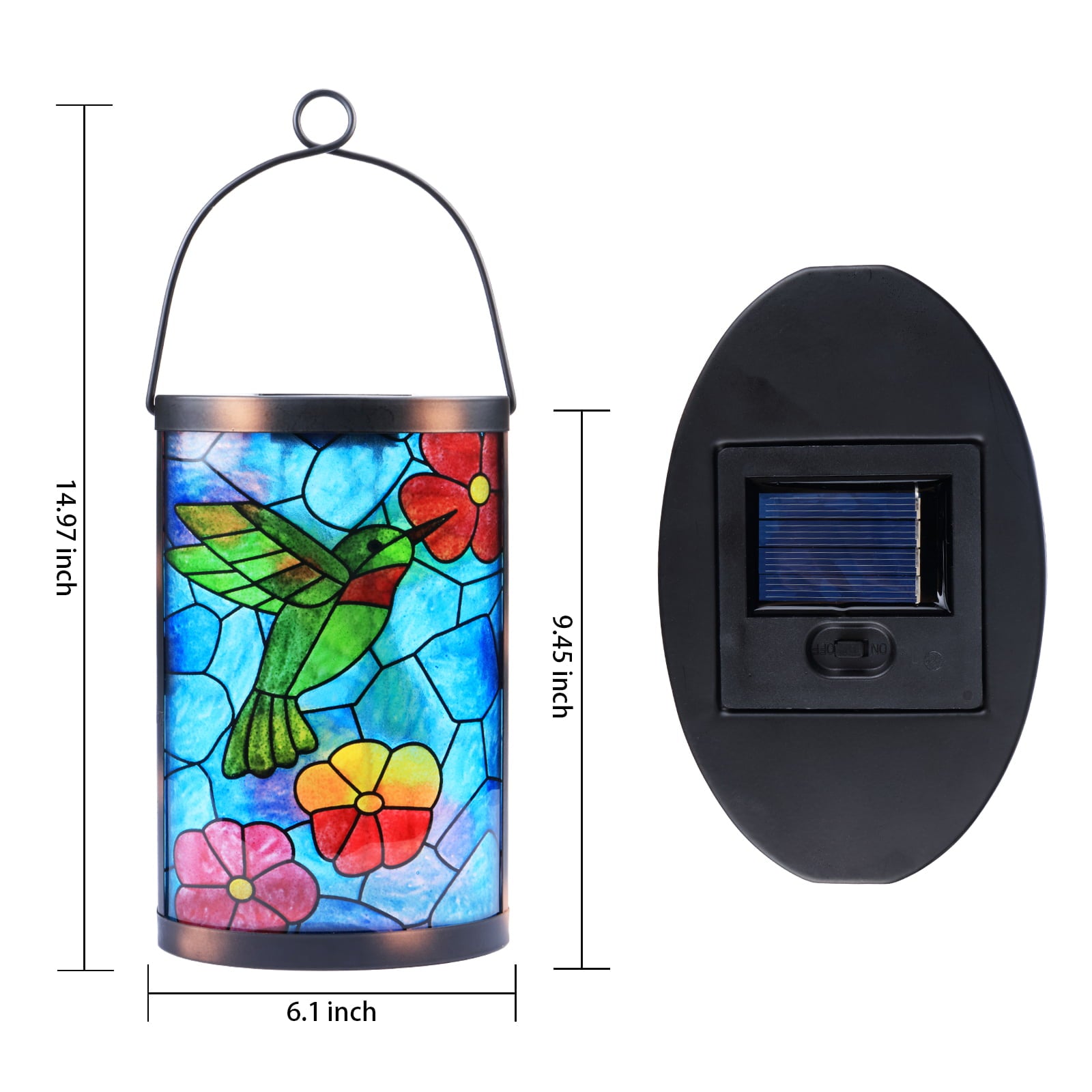 Solar Lantern Outdoor Waterproof Hummingbird LED Lights Blue Glass Lamp for Garden