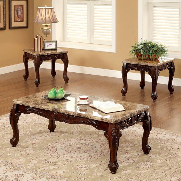 3pc Grante Faux Marble Accent Table Set Dark Oak ivory Homes Inside Out