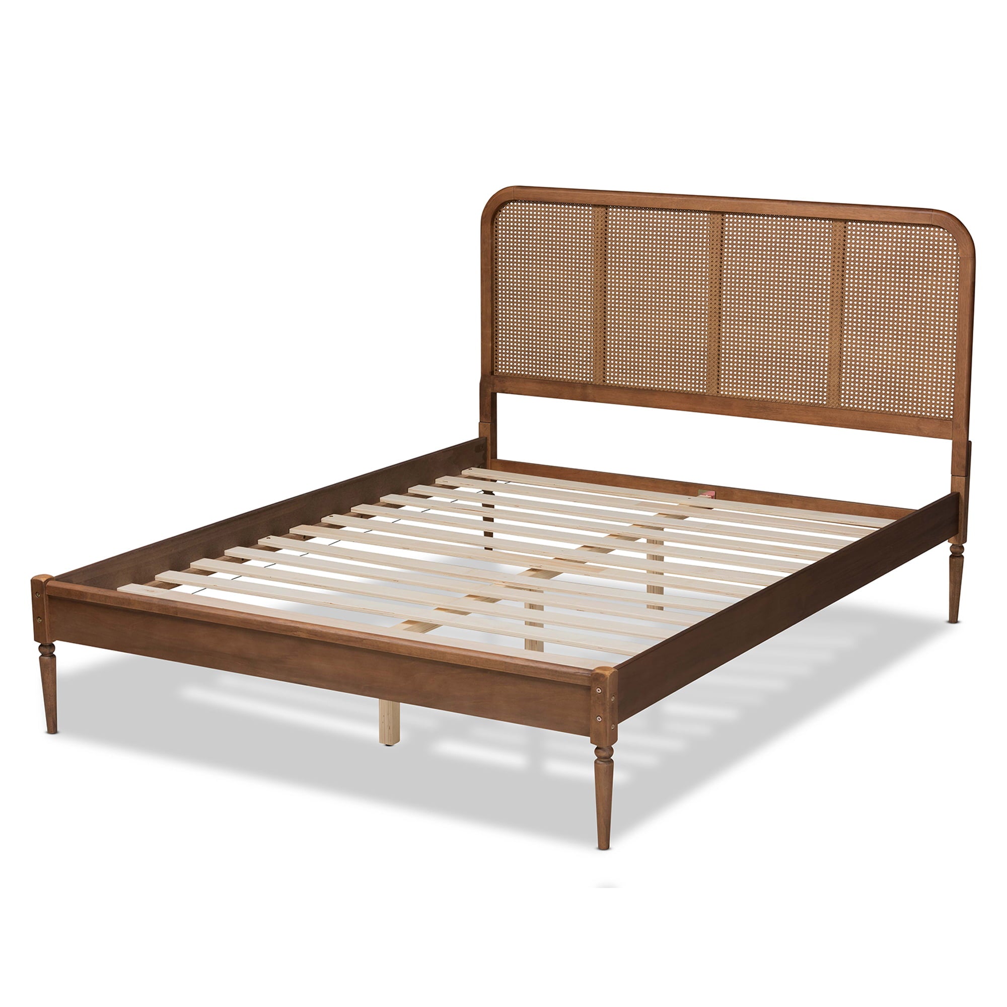 Baxton Studio Elston Mid-Century Modern Walnut Brown Finished Wood and Synthetic Rattan King Size Platform Bed