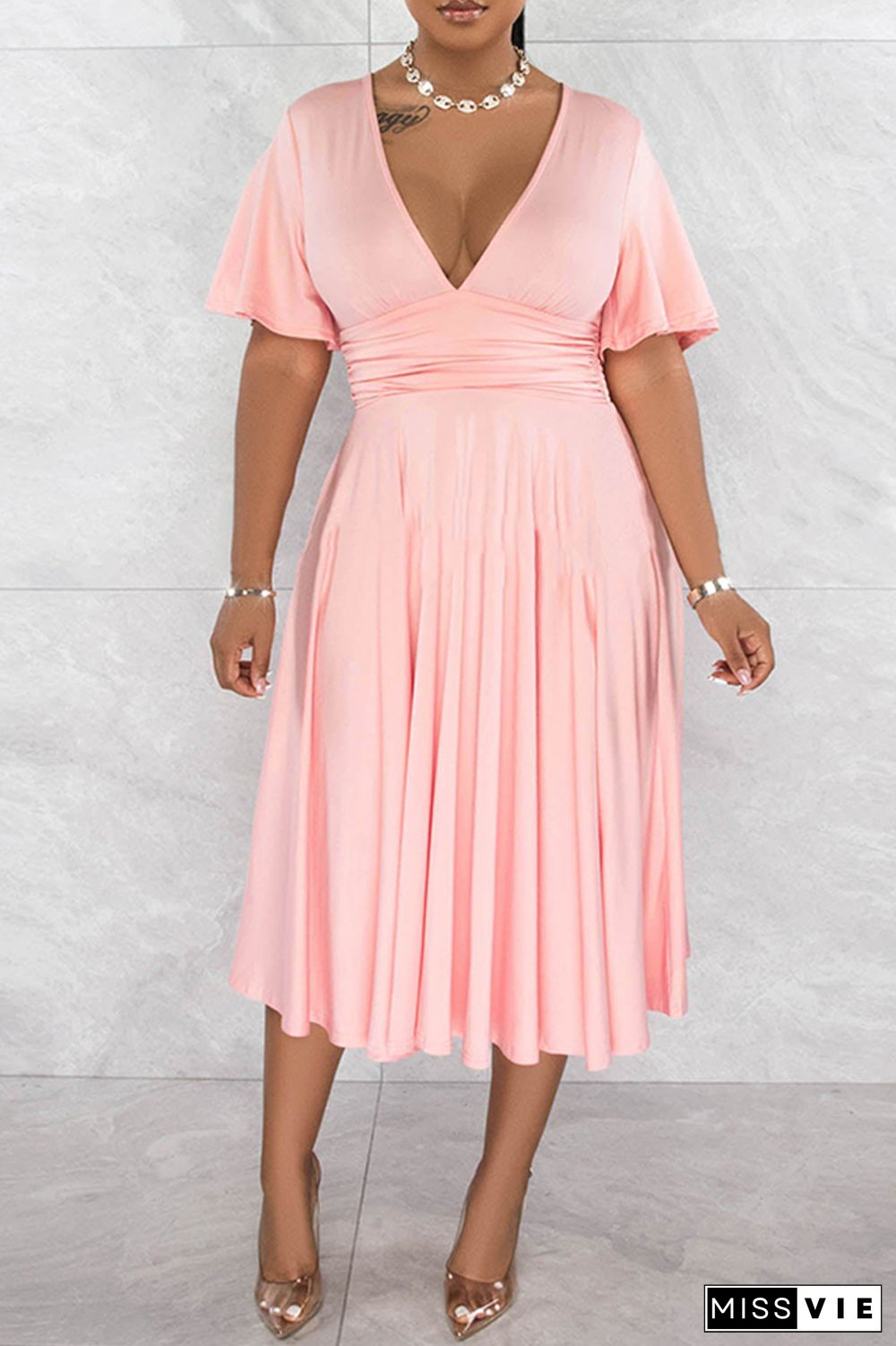 Pink Casual Solid Patchwork V Neck Short Sleeve Dress