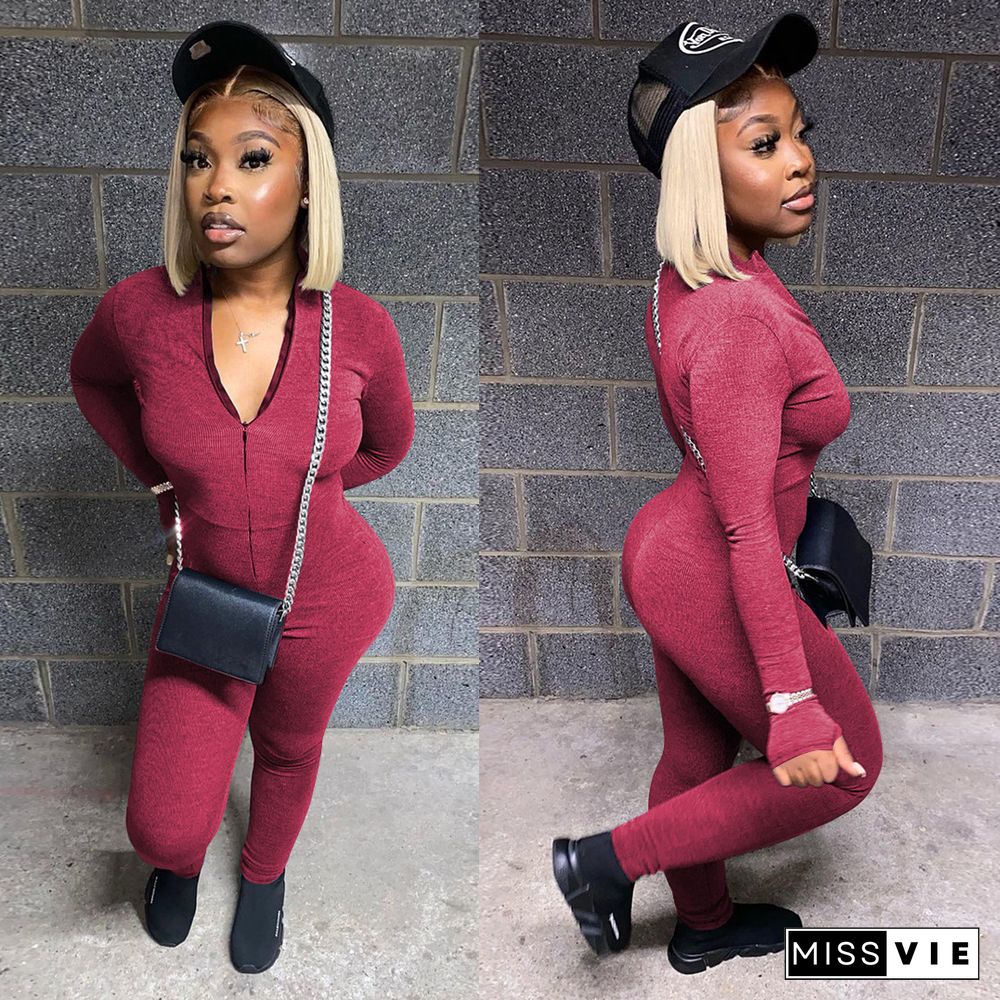 Solid Front Zipper Long Sleeve Bodycon Jumpsuit