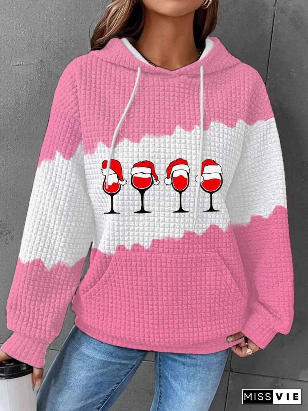 Women's Christmas Wine Glass Print Waffle Hoodie