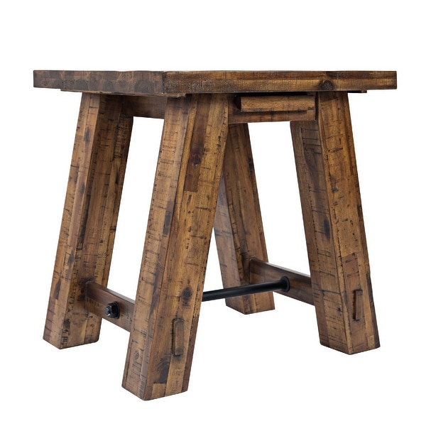 End Table with Plank Style and Trestle Base， Rustic Brown