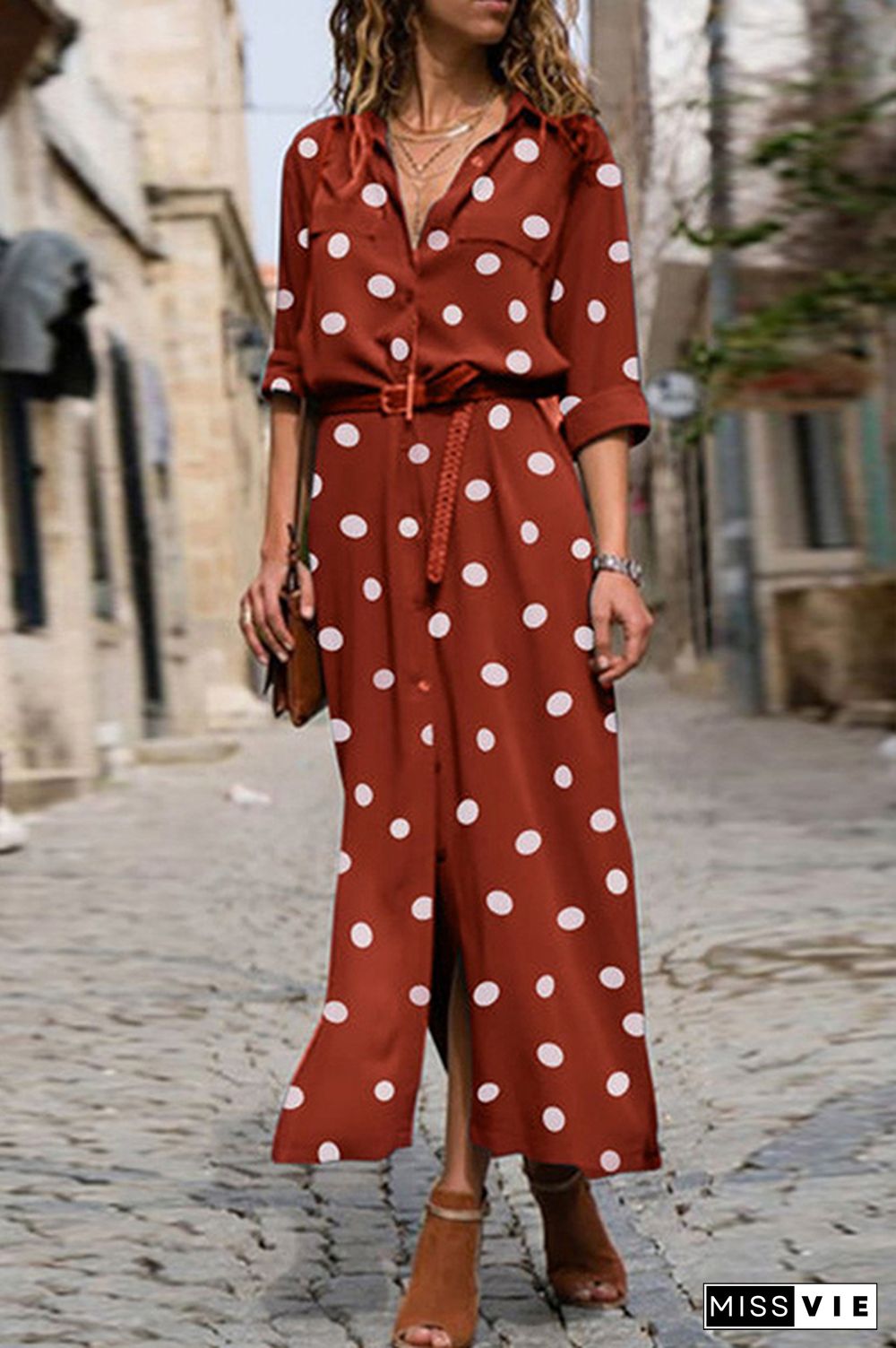 Casual Polka Dot Buckle Slit Turndown Collar Shirt Dress Dresses  (Without Belt)