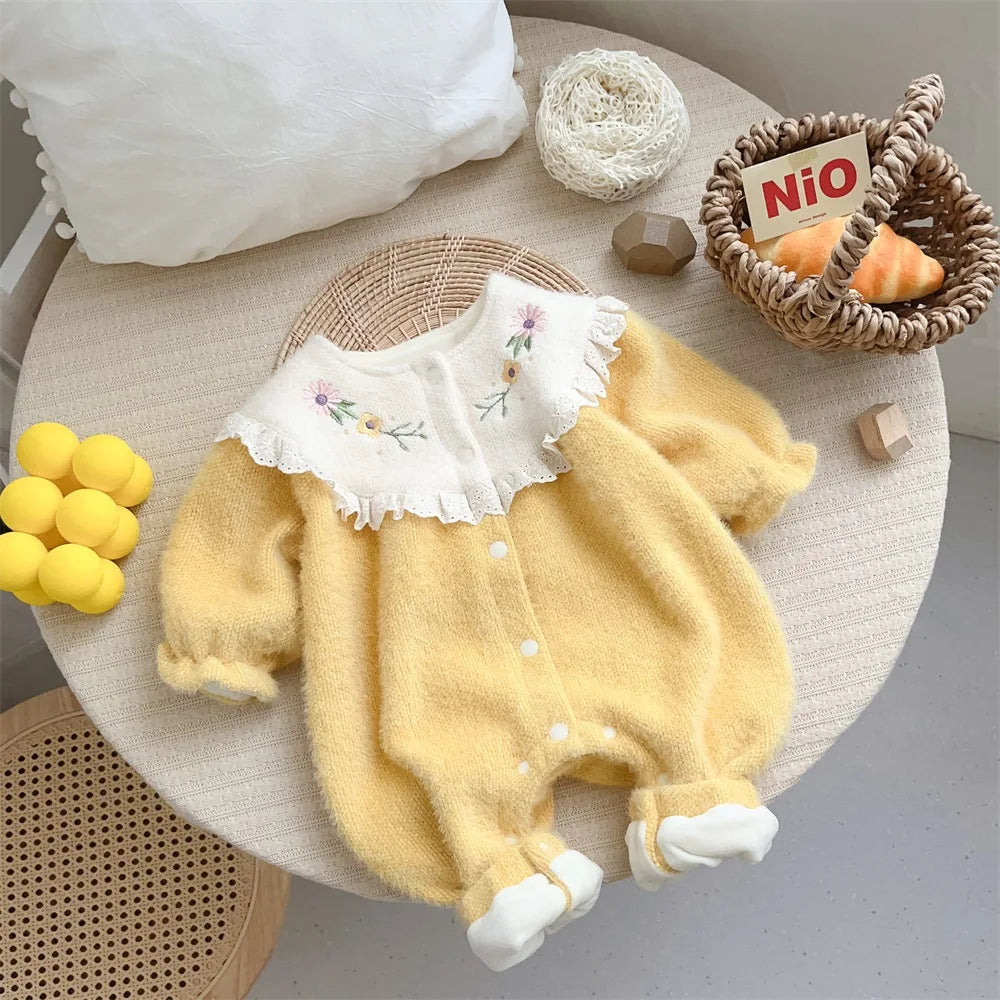 2023 Winter Infant Baby Girls Cute One-pieces Kids Ruched Embroidery Flower Thick Plush Warm Jumpsuits , Newborn Romper 0-24M