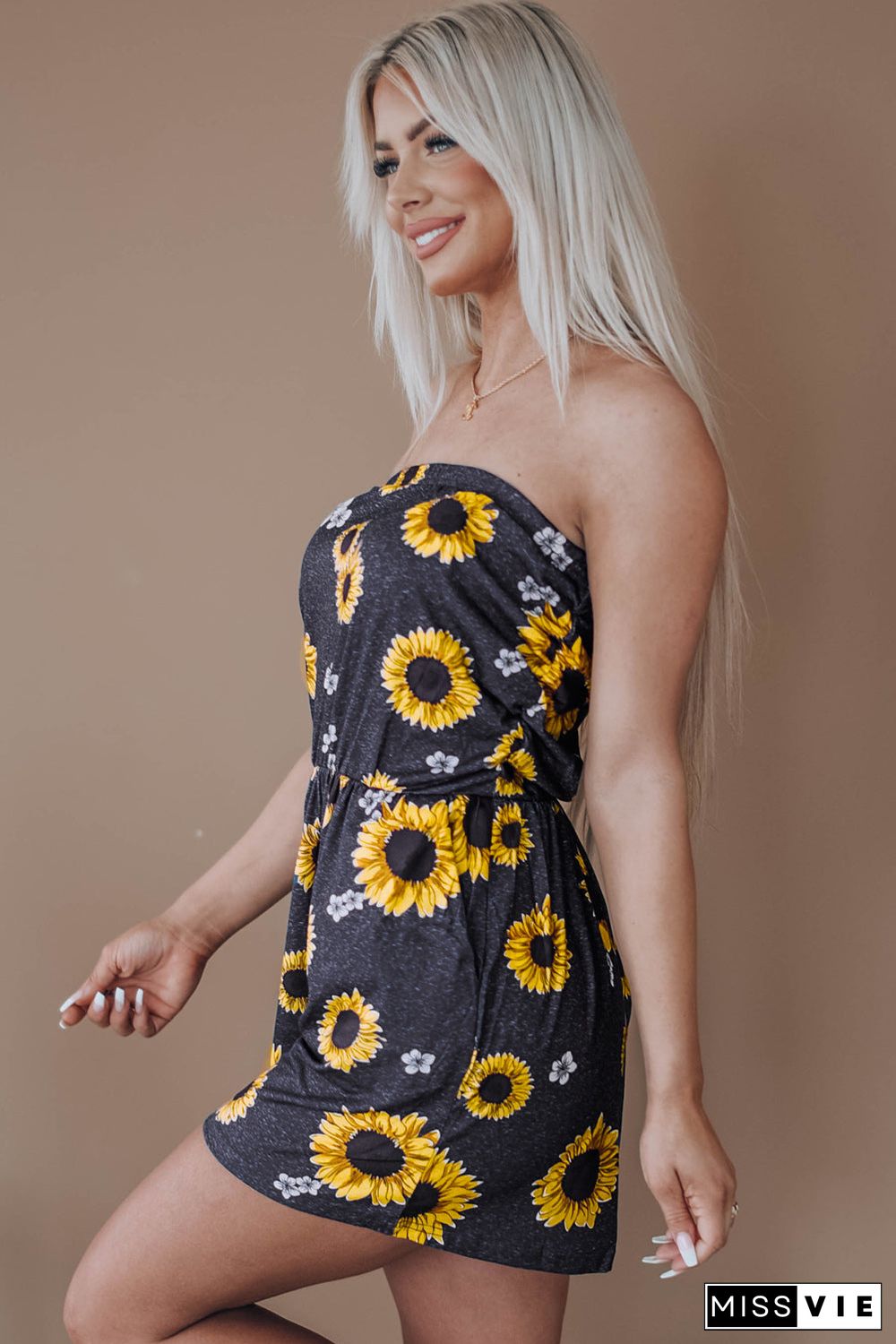 Floral Print Bandeau Romper With Pockets