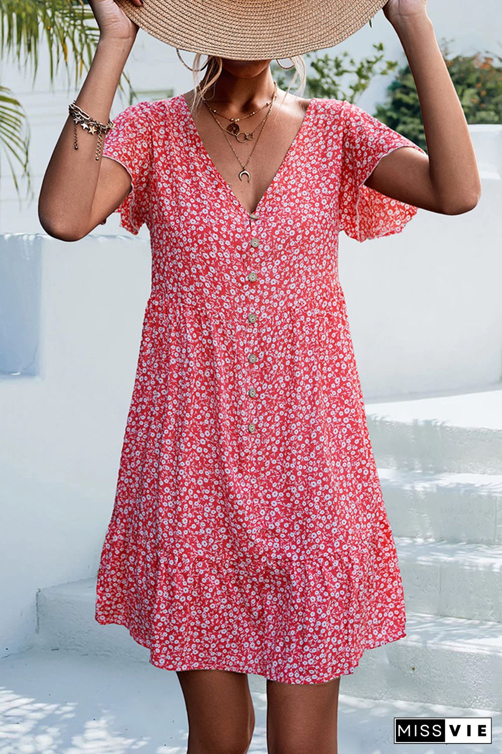 V Neck Button Short Sleeves Floral Dress