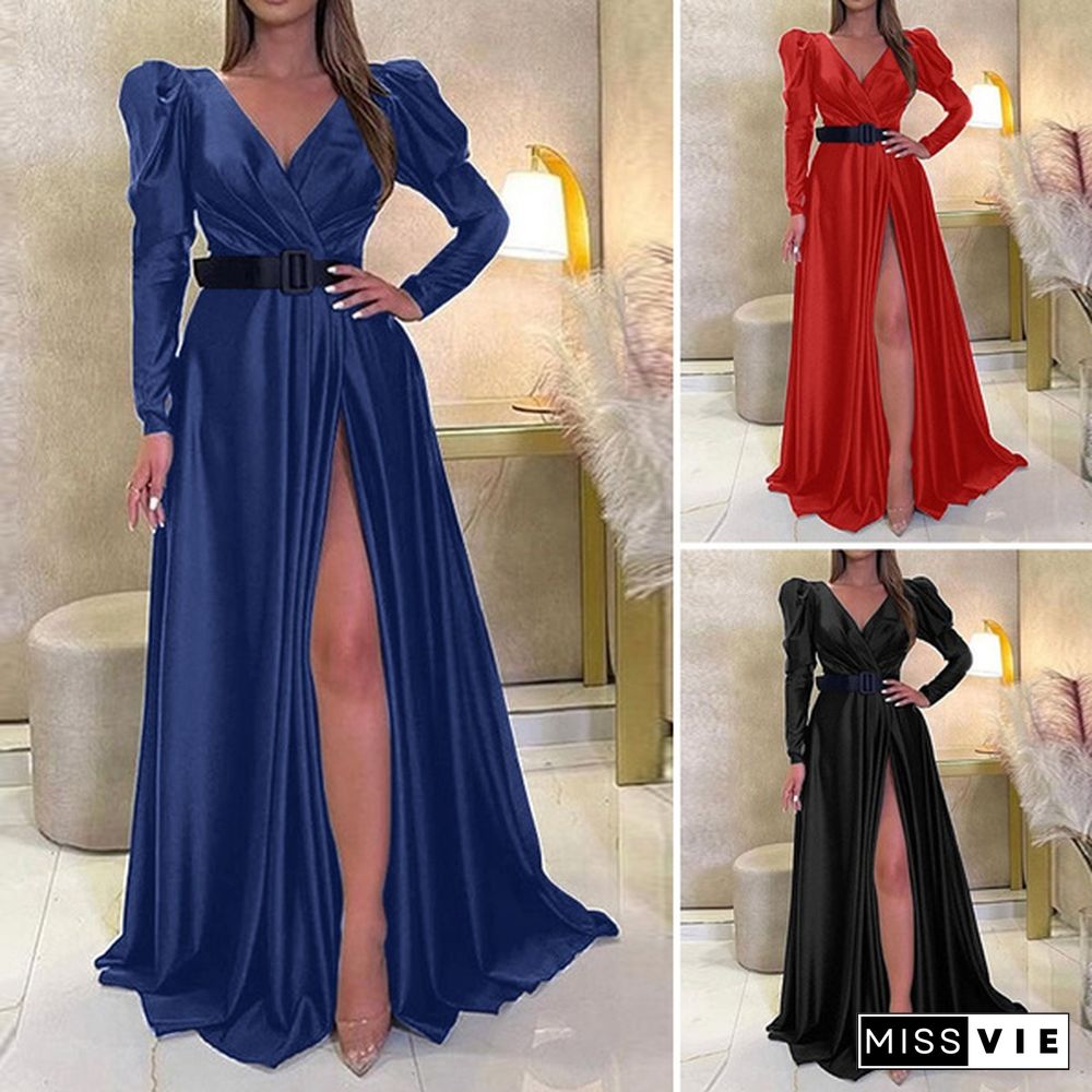 Womens V-Neck Cocktail Prom Sexy Kaftan Evening Split Silky Satin Maxi Dress Party Plus Size