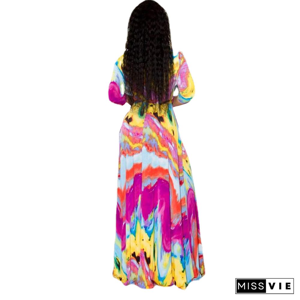 Elegant Abstract Printed Women Three Quarter Sleeve V Neck Bandage Summer Vacation Maxi Dress