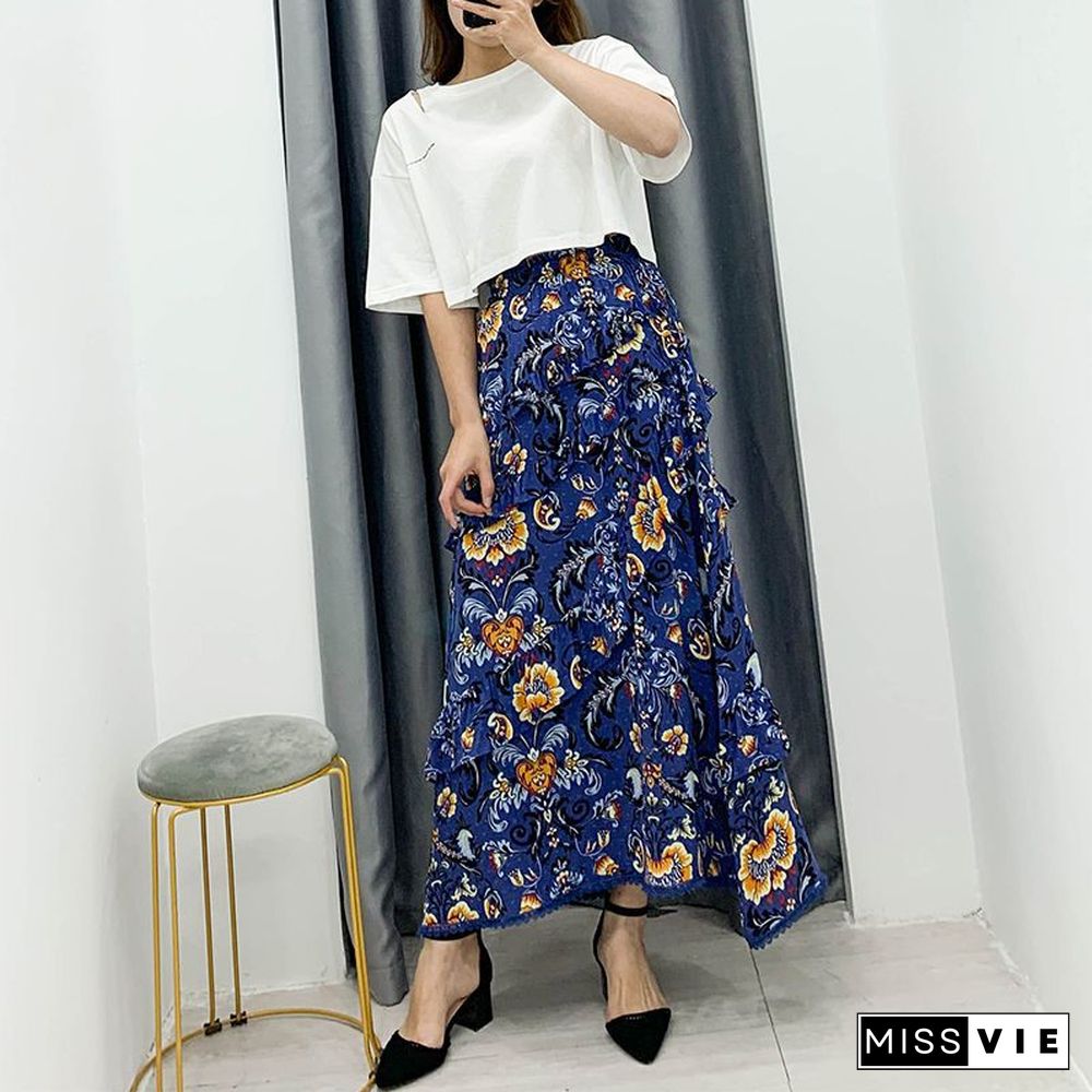 90s Fashion Retro Elastic Waist Paisley Ruffle Midi Skirt