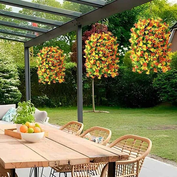 Artificial Hanging Flowers in Basket for Outdoor Spring Decoration，4pcs Faux Silk Violet Flower Bouquet UV Resistant