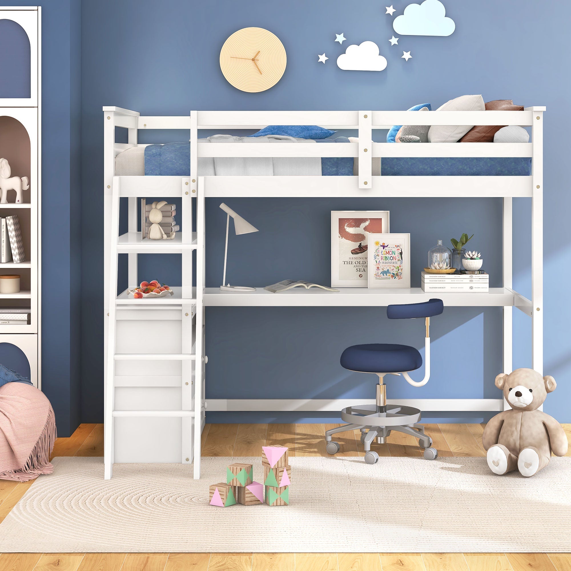 Euroco Twin Loft Bed with Desk for Child, White