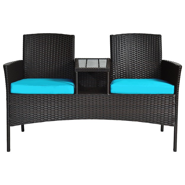 Costway Patio Rattan Conversation Set Loveseat Sofa Cushioned Coffee Table Turquois red