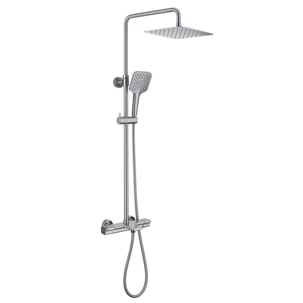 CASAINC 3-Spray Patterns 9.8 in. Tub Wall Mount Dual Shower Heads Thermostatic Shower Faucet in Brushed Nickel HM-T105-SQ-BN