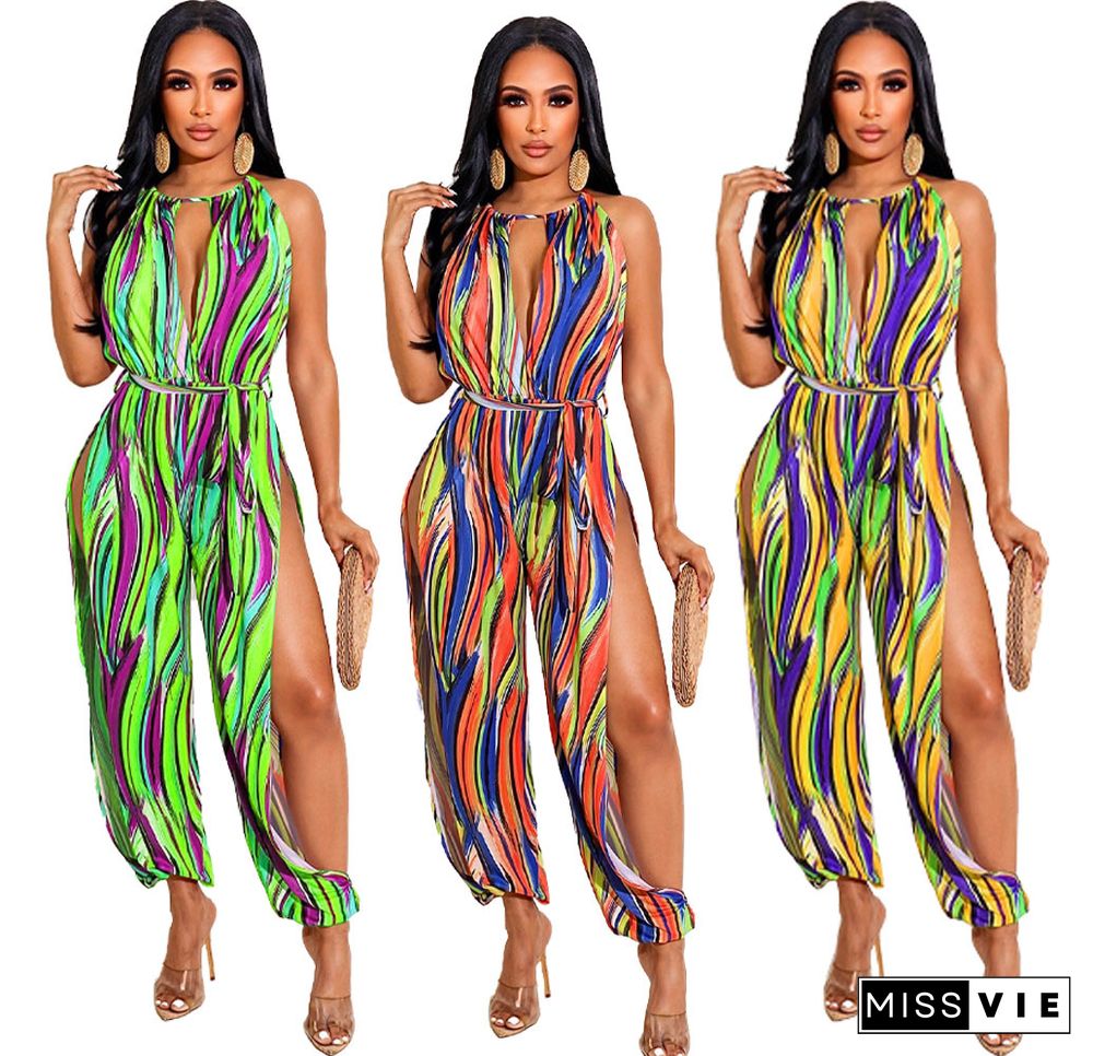 Tie Dye Print Sleeveless Lace Up Loose Jumpsuit