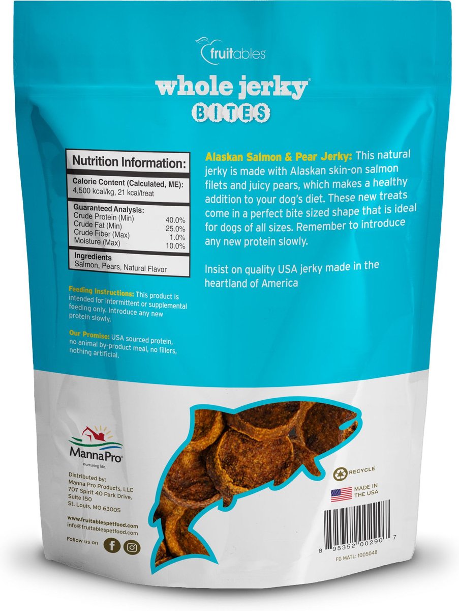 Fruitables Whole Jerky Bites Alaskan Salmon and Pear Dog Treats， 5-oz bag