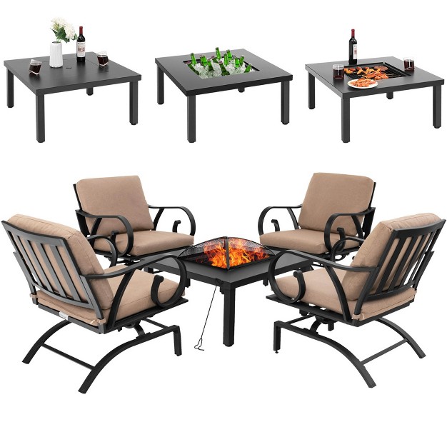 Tangkula 5pcs Cushioned Patio Dining Set Heavy duty Rocking Chairs With 4 in 1 Fire Pit Table