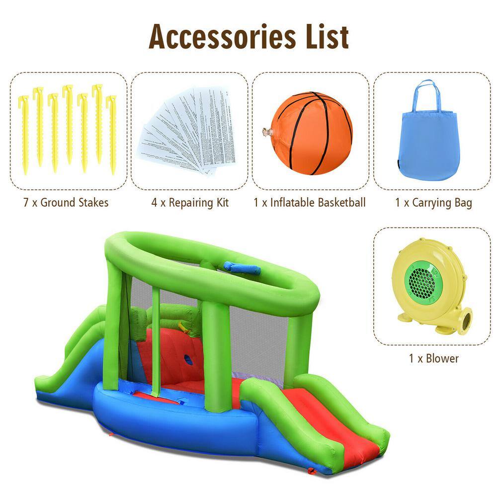 Gymax Inflatable Snail Bounce House Dual Slide Basketball Game with 480-Watt Blower GYM06910