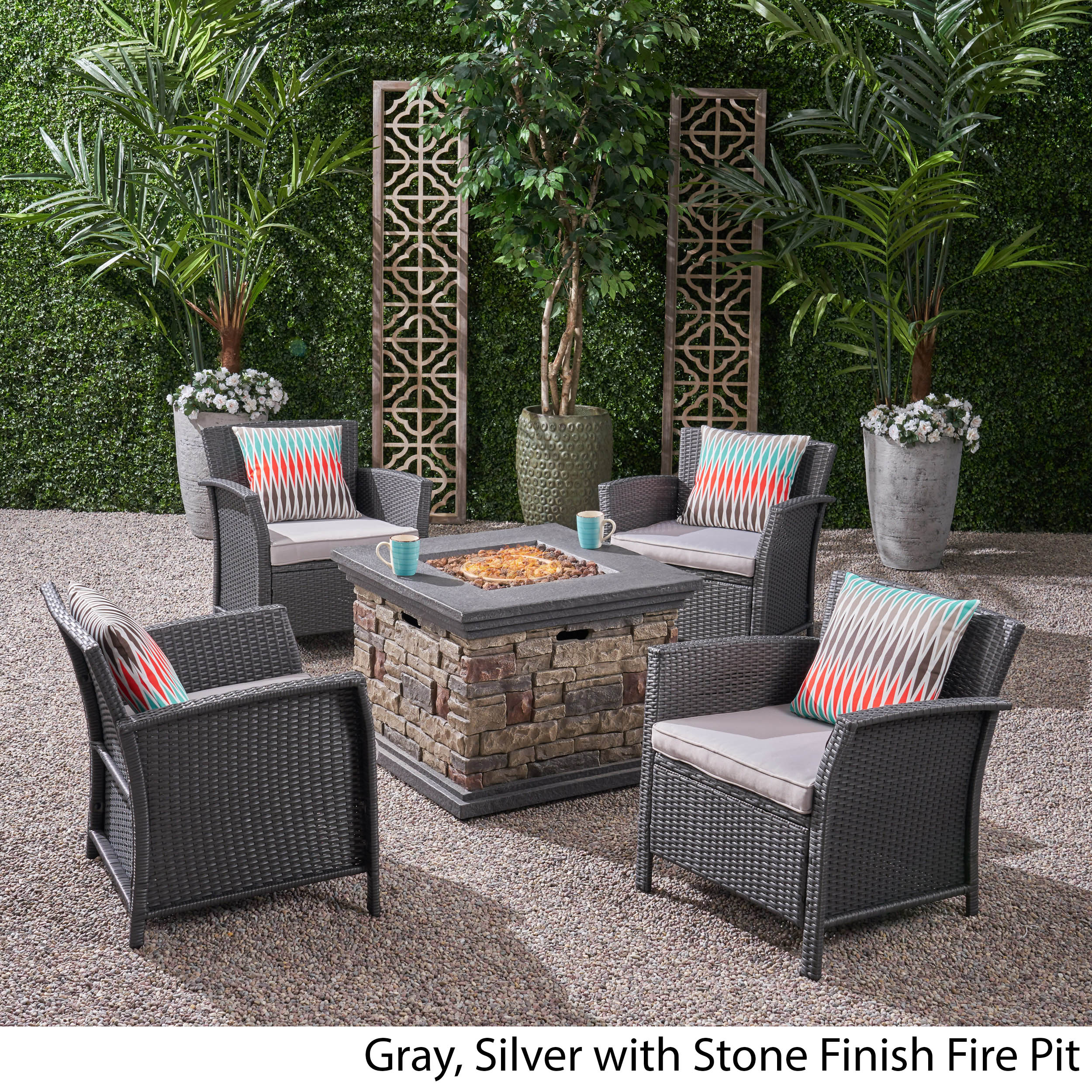 Laiah Outdoor 4 Piece Wicker Club Chair Chat Set with Fire Pit