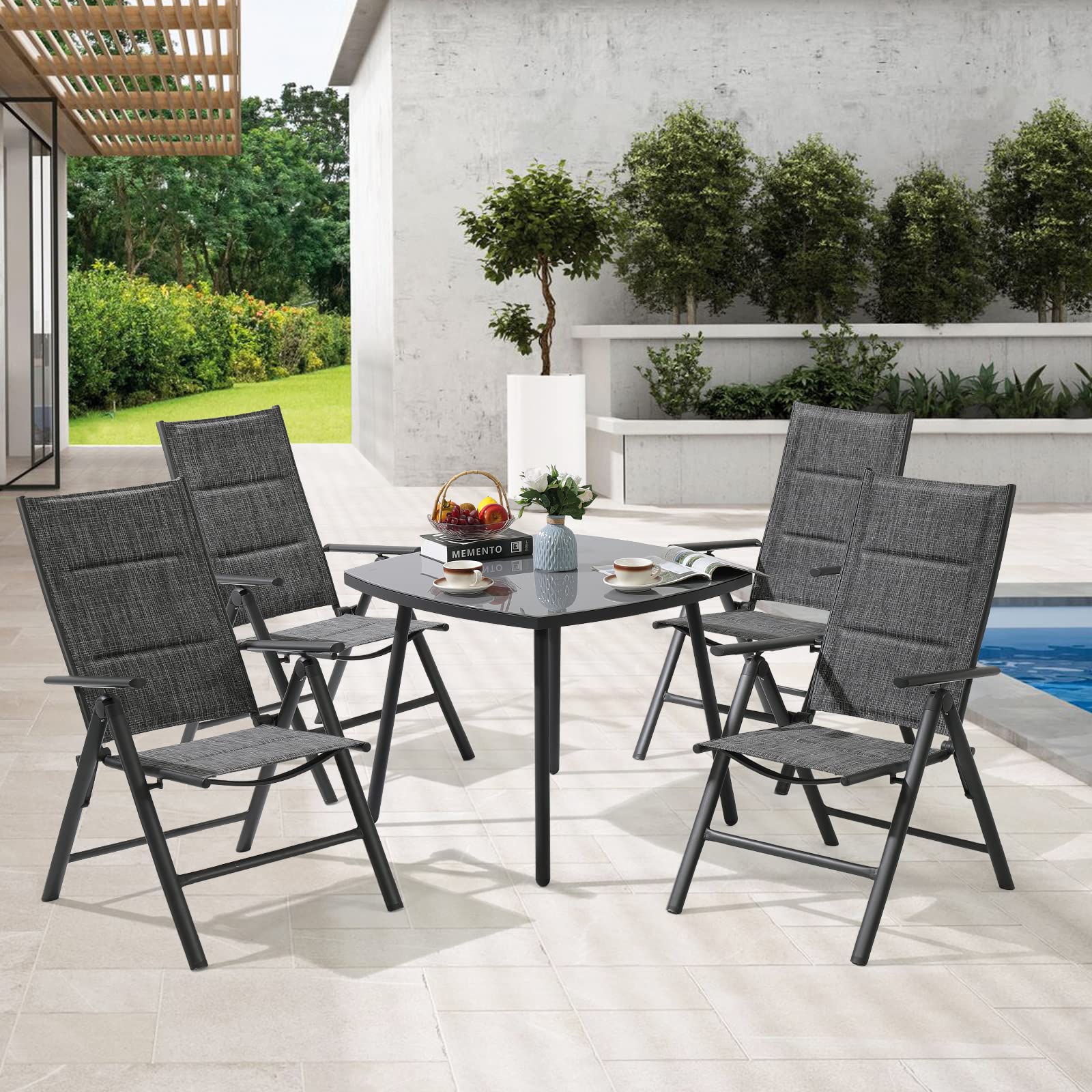 Patio Dining Set, 5 Piece Outdoor Dining Table Set with 4 Adjustable Folding Textilene Chairs and 1 Round Table, Aluminum Frame, for Garden, Yard, Porch, Poolside, Dark Gray