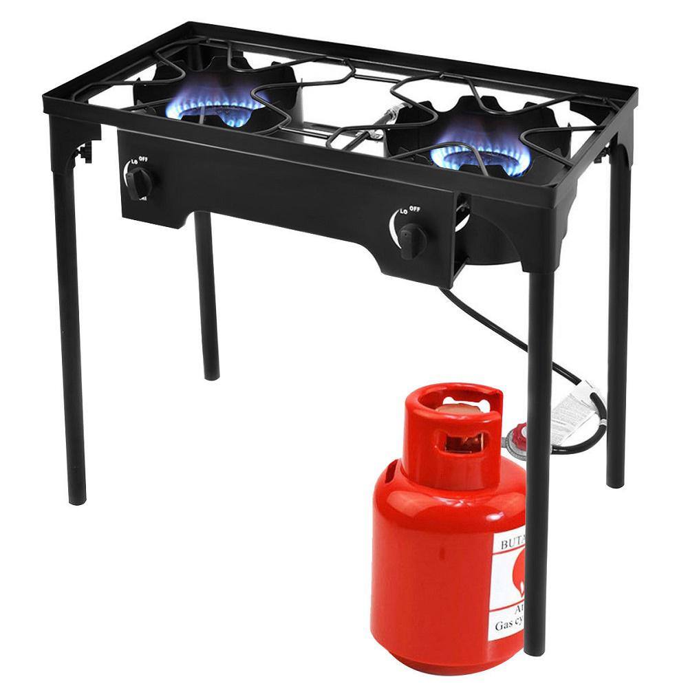 Costway 150000-BTU Cast Iron Double Burner Gas Propane Cooker Outdoor Camping Picnic Stove Stand BBQ Grill OP3078