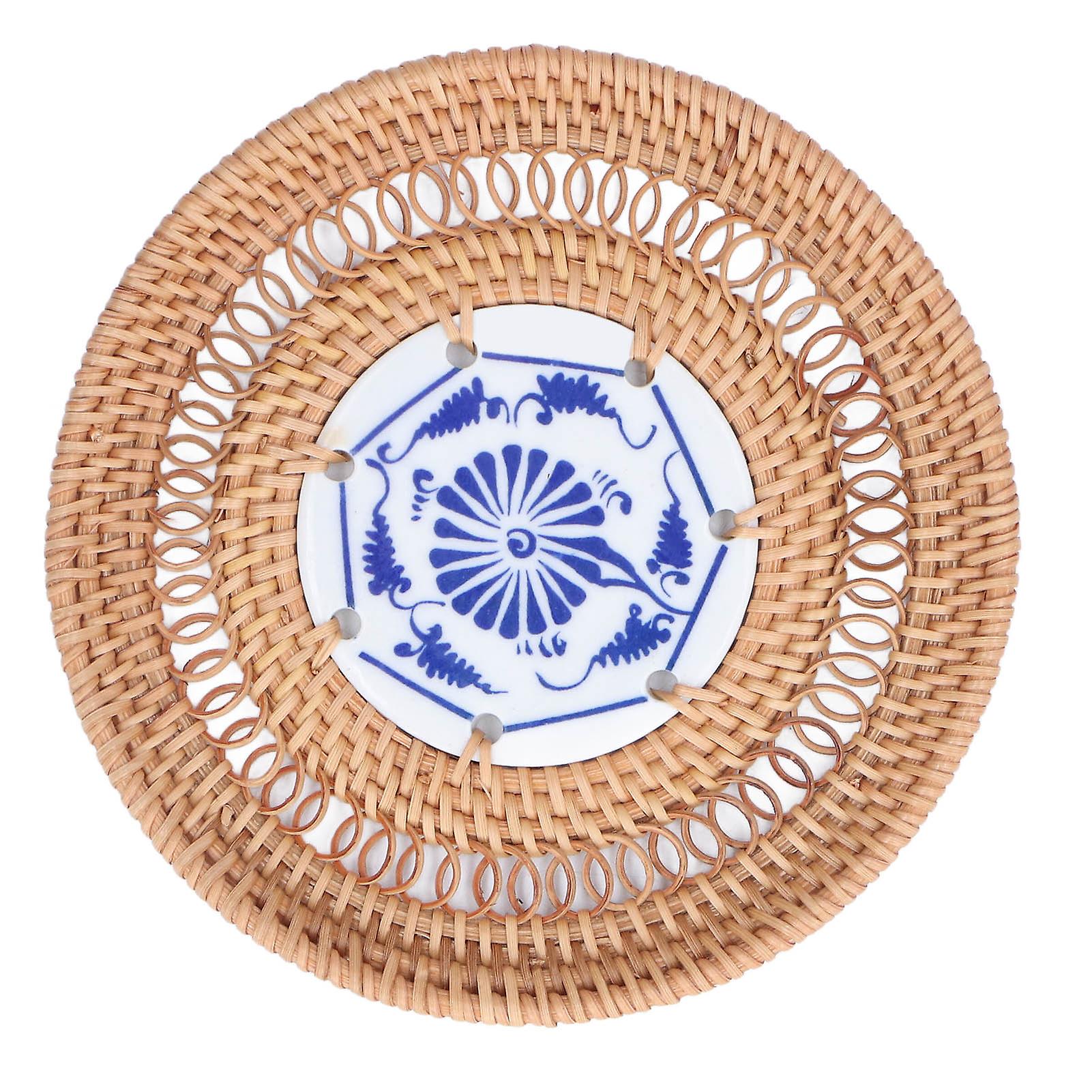 Blue And White Porcelain Coaster Round Woven Rattan Blue White Porcelain Cup Holder For Basil Cups Rattan Cups13cm/5.1in