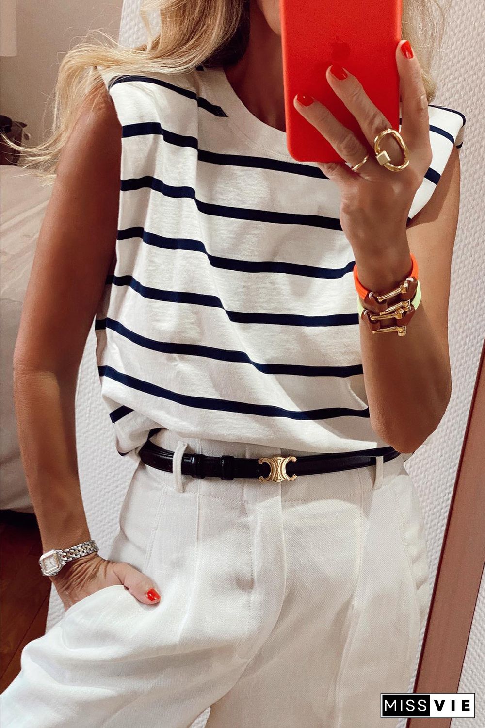 White Striped Print Shoulder Pads Boxy Tank Top