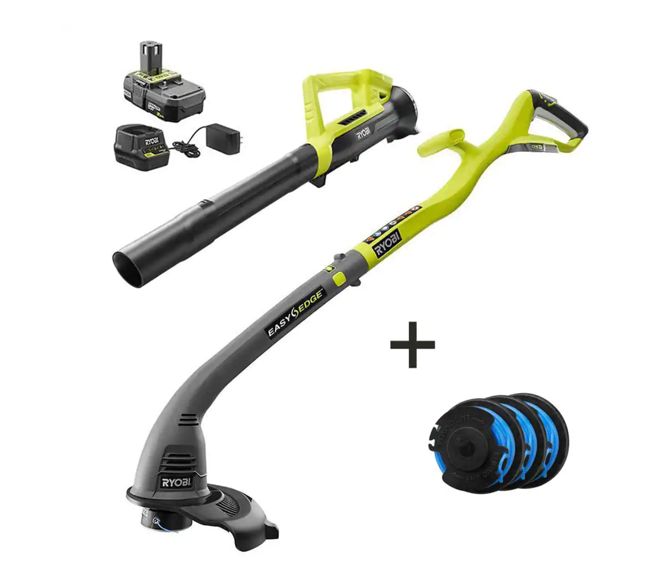 RYOBI P2036-AC ONE+ 18V Cordless String Trimmer/Edger and Blower/Sweeper with Extra 3-Pack of Spools， 2.0 Ah Battery and Charger