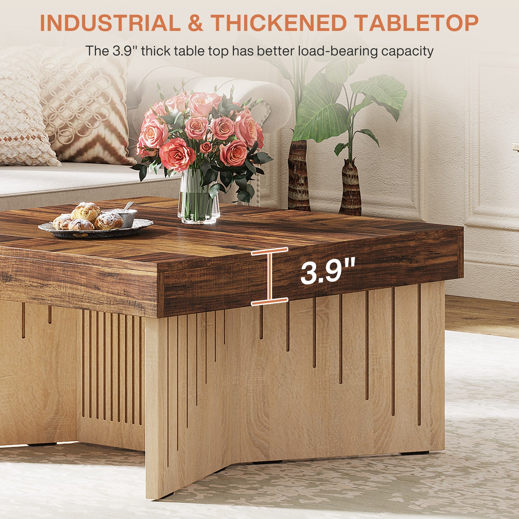 35.4 Coffee Table, Square Wood Center Table with Engraved Lines Design