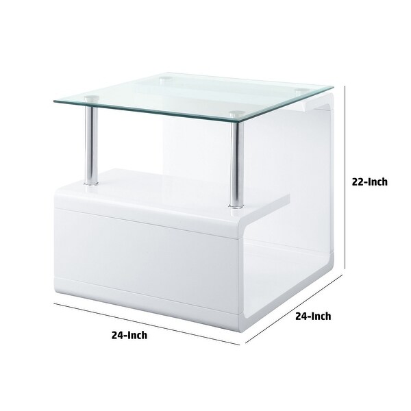 24 Inch Square Accent End Table， Glass Top， Open Shelf， White， Chrome