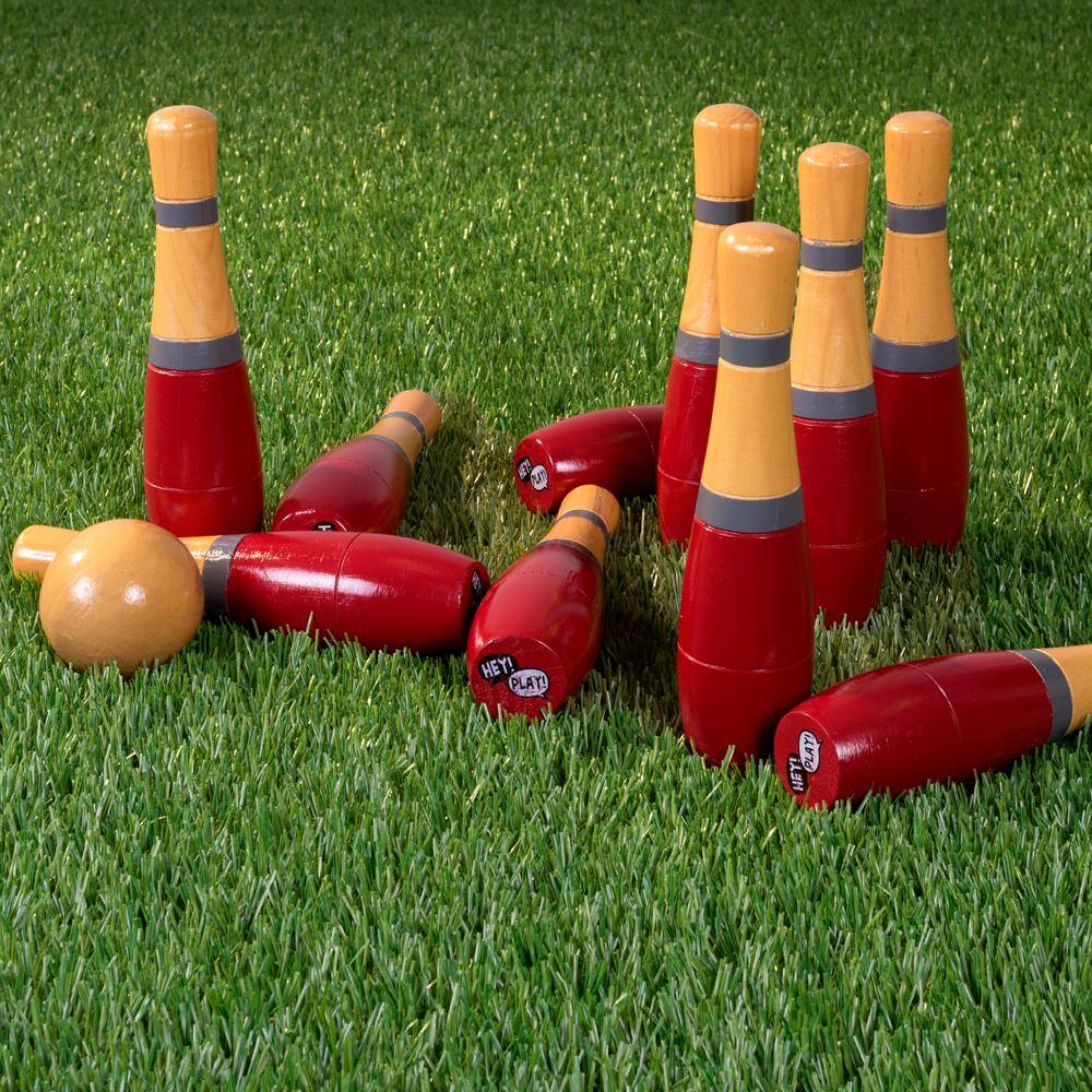 Hey! Play! 8 in. Wooden Red and Grey Bowling Lawn Game M350017