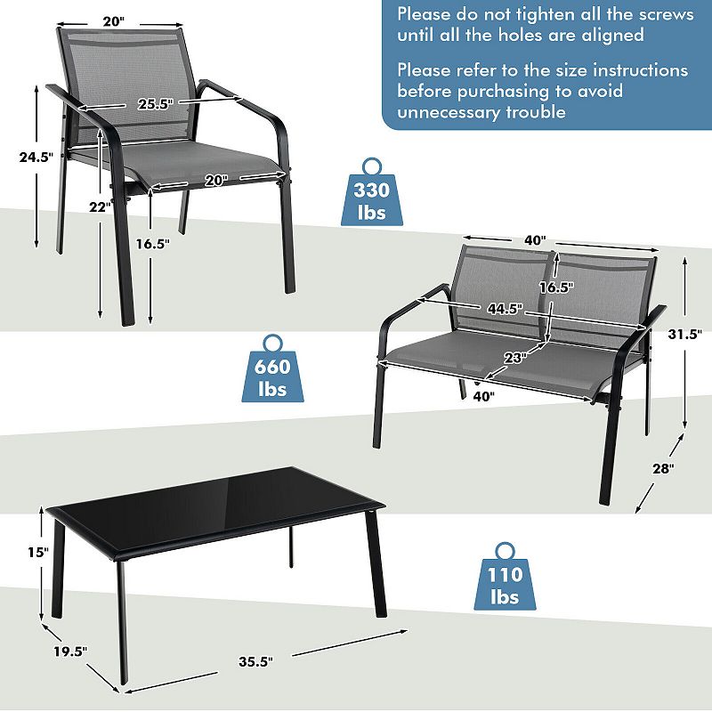 4 Pieces Patio Furniture Set with Armrest Loveseat Sofas and Glass Table Deck