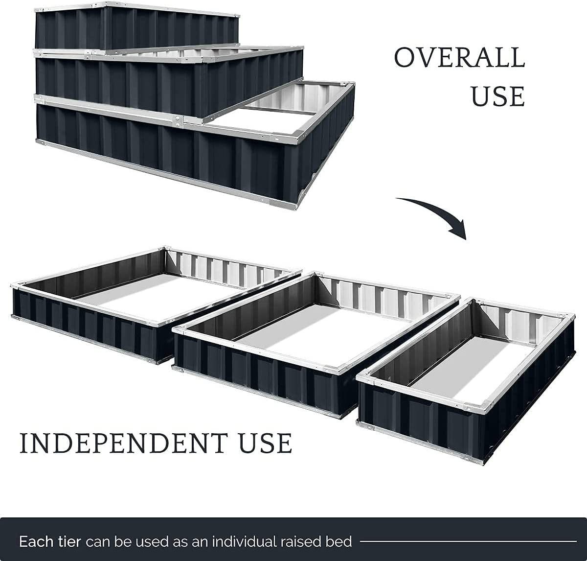 3 Tiers Raised Garden Bed Dismountable Frame Galvanized  Metal Patio Garden Elevated Planter Box 46\u2019\u2019x46\u2019\u2019x23.6\u2019\u2019 for Growing Vegetables  (Dark Grey)