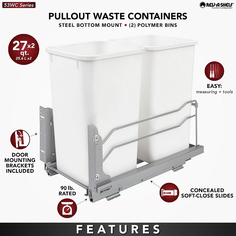 Rev-A-Shelf Double Pull Out Trash Can 27 Qt with Soft-Close， 53WC-1527SCDM-217