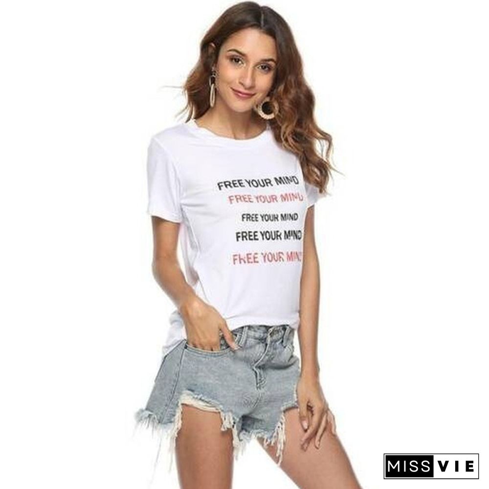 Letters Print T-shirt Women Summer Short Sleeve O-Neck Top Tees Casual T Shirt