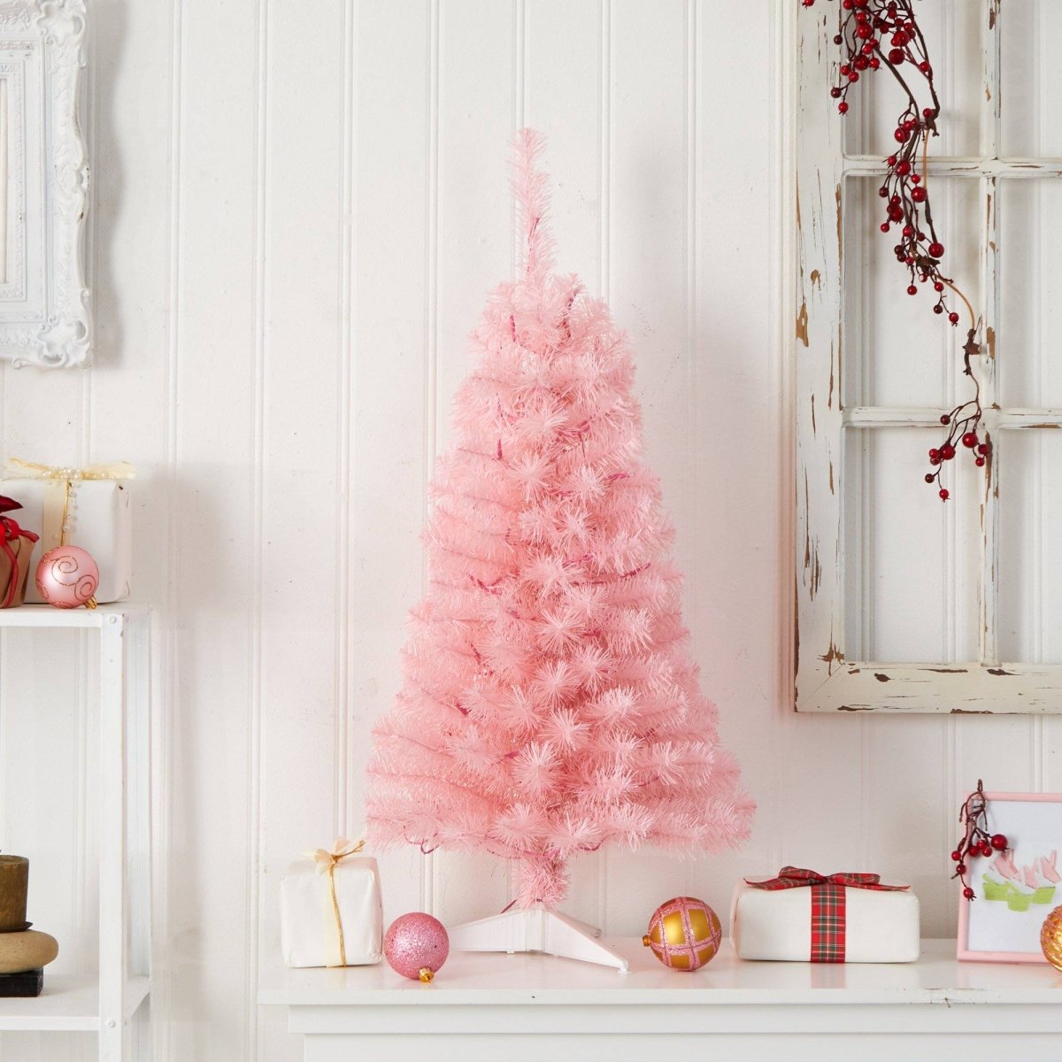 3’ Pink Artificial Christmas Tree with 50 LED Lights & 118 Bendable Branches - Whimsical Holiday Decor