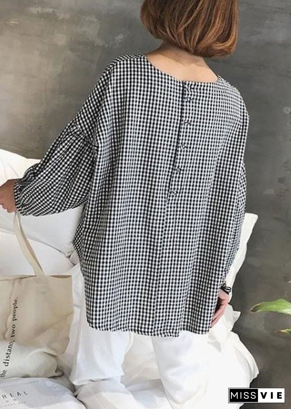 French Plaid Cotton Women Fine Sewing Asymmetric Plus Size Clothing Blouse