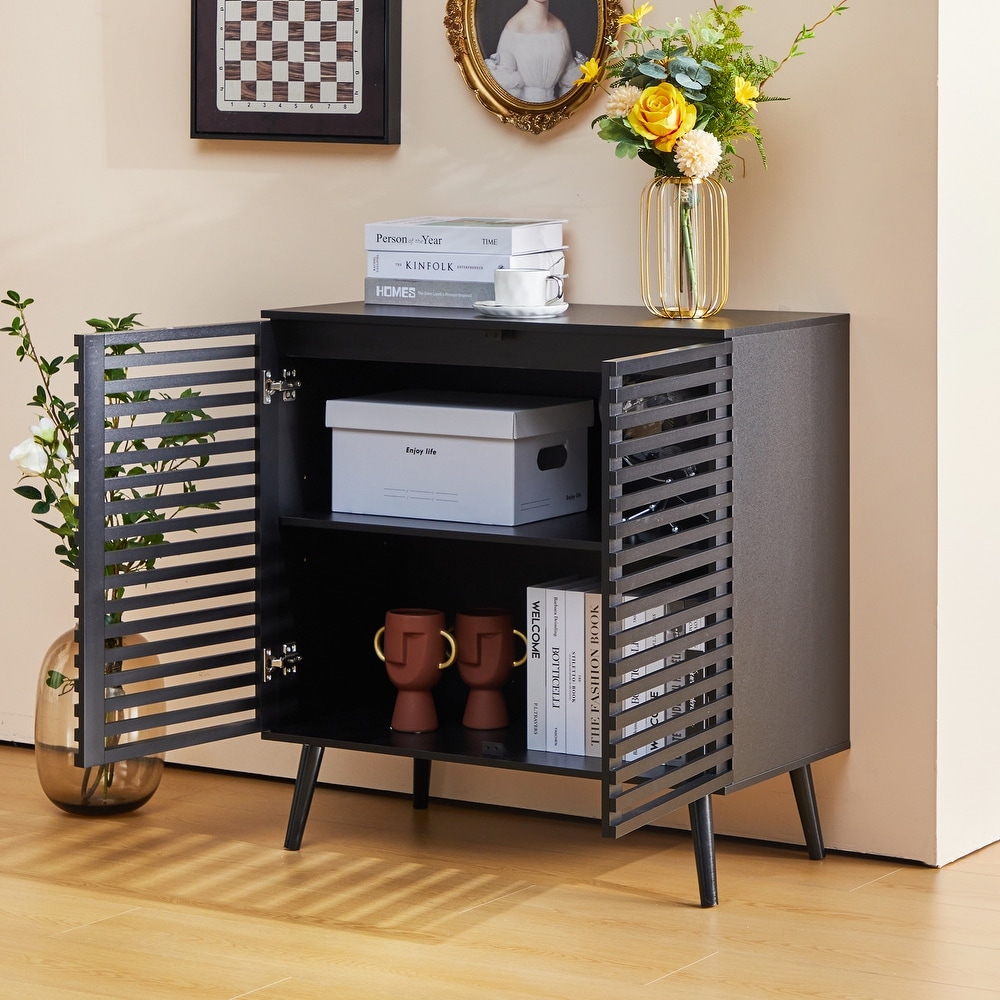 Black Sideboard Buffet Cabinet  Accent Storage Cabinet Kitchen Console Table with 2 Hollowed Out Doors