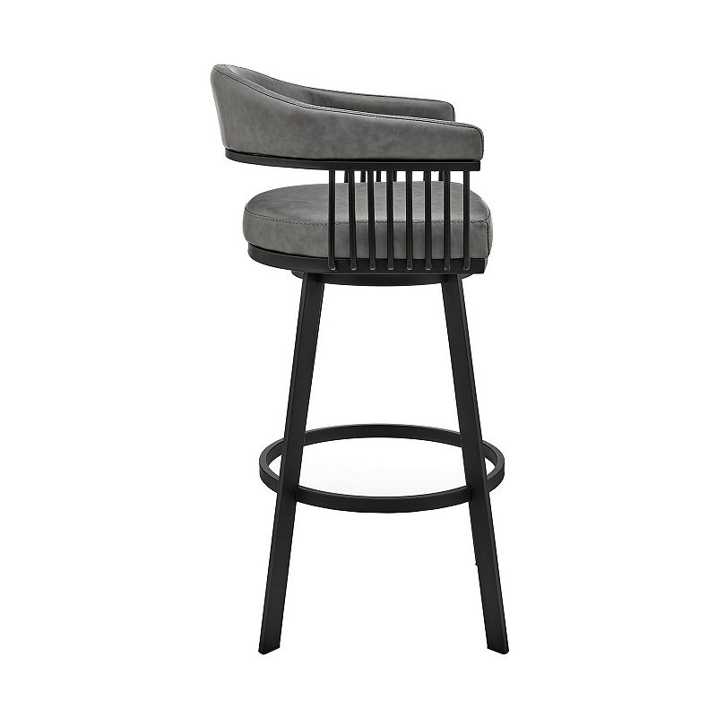 Swivel Barstool with Open Design Metal Frame and Slatted Arms， Gray and Black