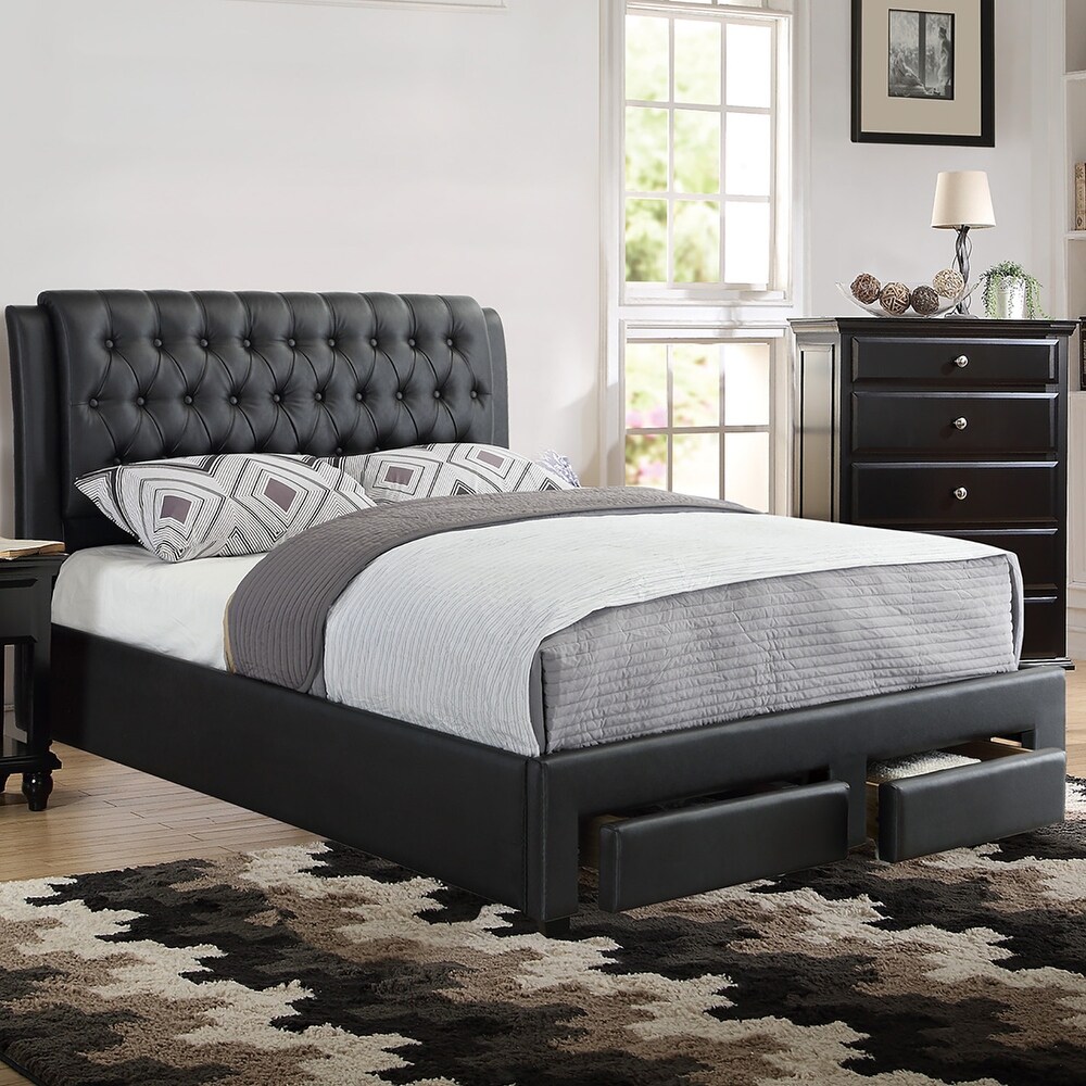 Black Faux Leather Bed with Storage Drawers