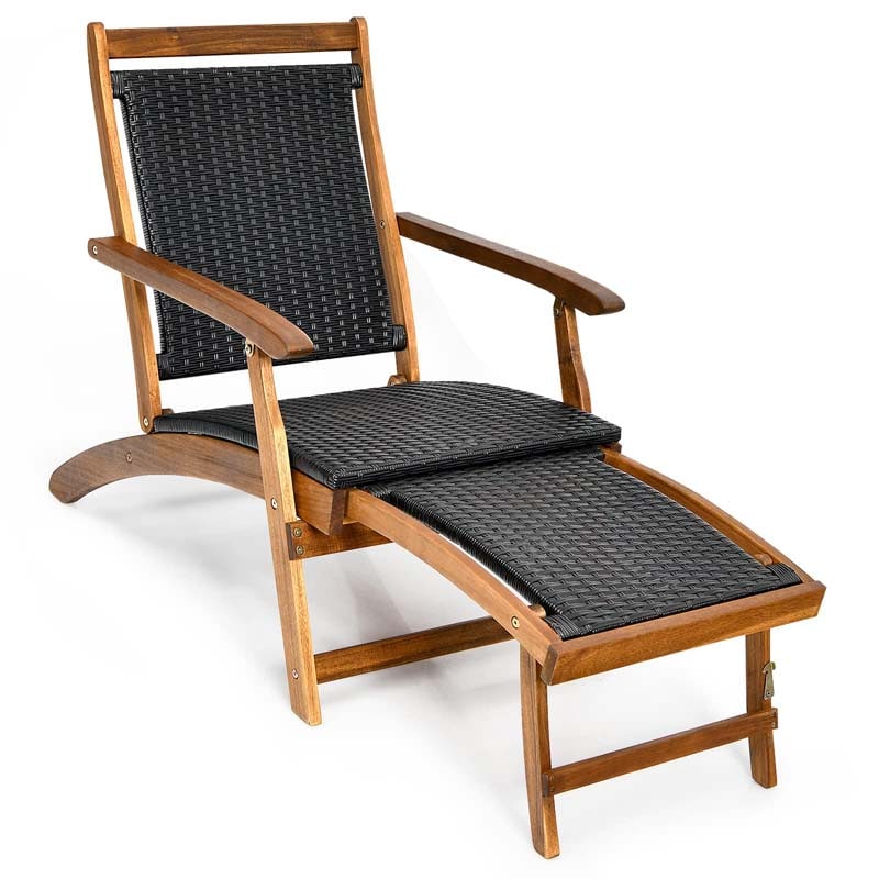 Acacia Wood Rattan Folding Outdoor Chaise Lounge Chair with Retractable Footrest, Pool Lounge Chair Patio Sun Lounger