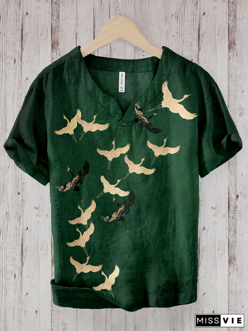 Japanese Crane Formation Pattern Linen Blend Shirt