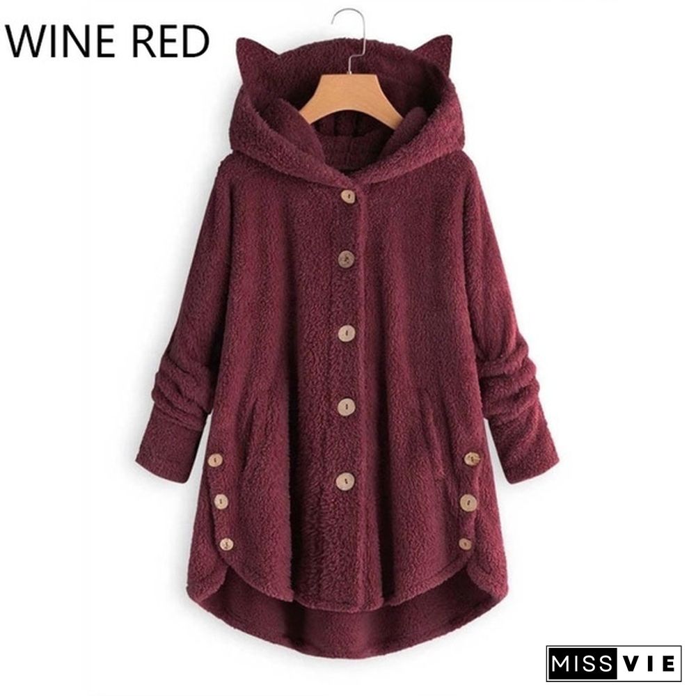 12 Colors Fashion Women Autumn Winter Soft Furry Fleece Hooded Casual Loose Long Coat Jacket Cute Cat Ears Ladies Plush Hoodies Casual Loose Warm Jacket Plus Size S-5Xl