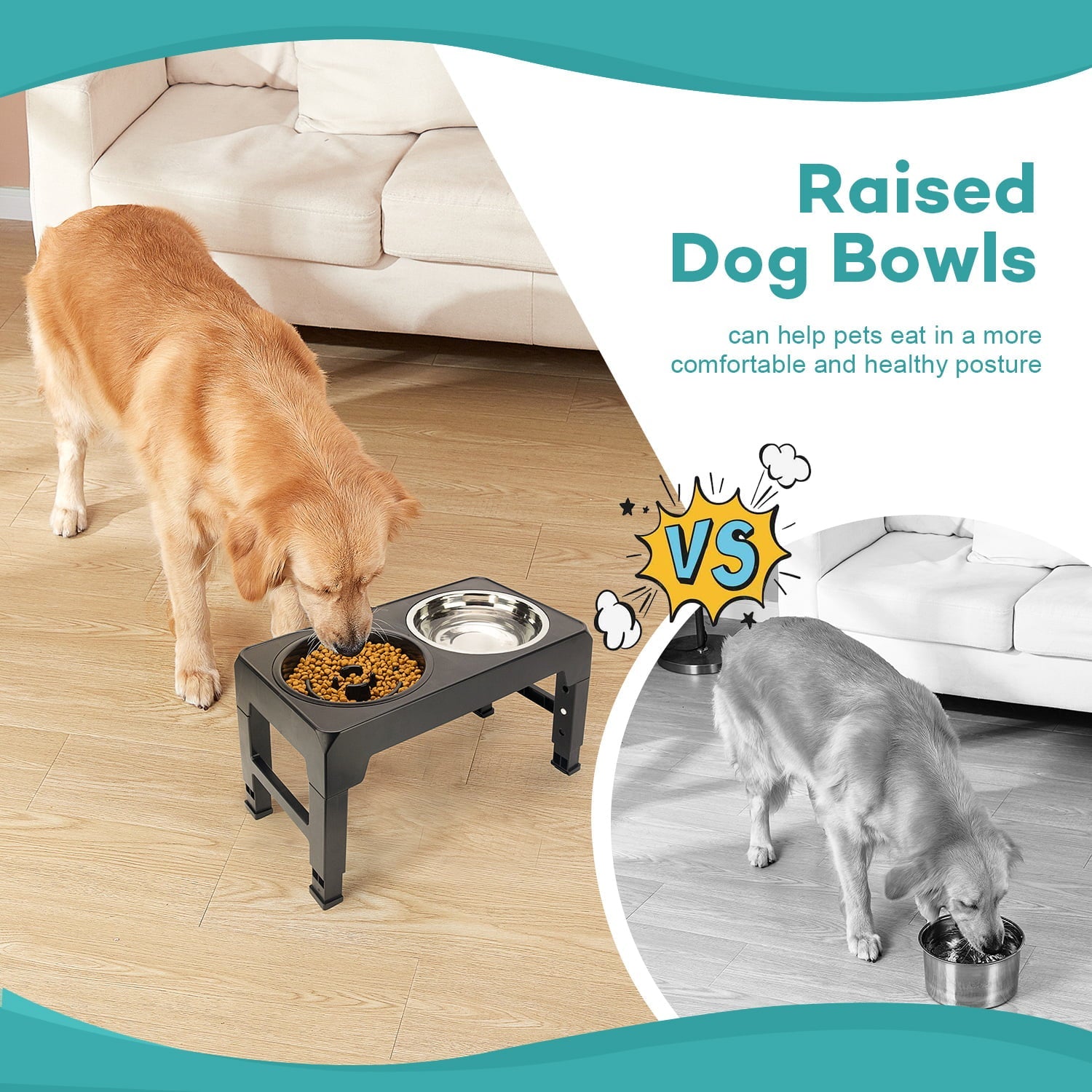 Pawque Elevated Dog Bowls for Large Medium Small Dogs With Storage, 4 Height Adjustable Raised Dog Bowl with Slow Fooding Bowl and Water Bowl, 2 Bowls