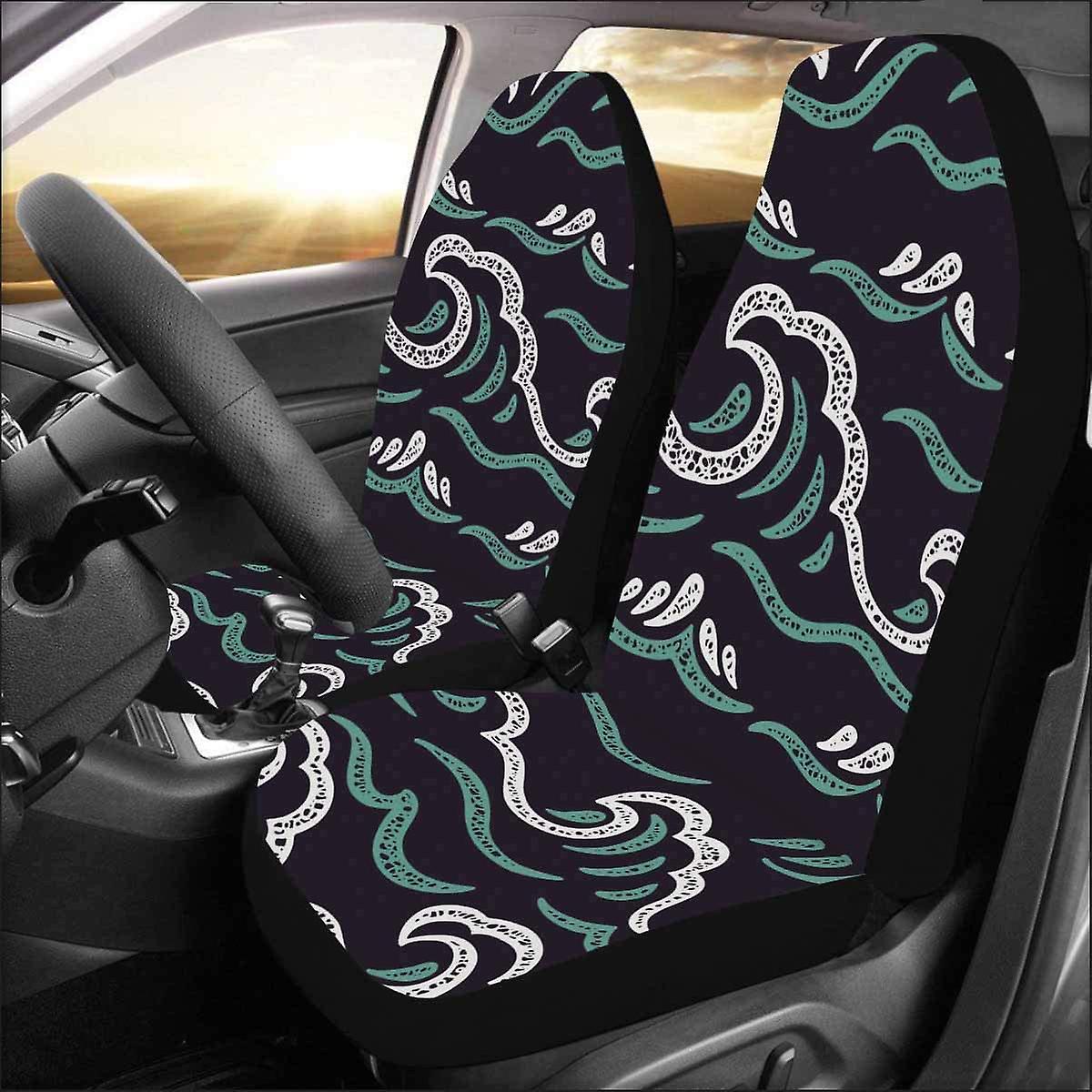 Set Of 2 Car Seat Covers Sea Waves Navy Universal Auto Front Seats Protector Fits For Car，suv Sedan，truck