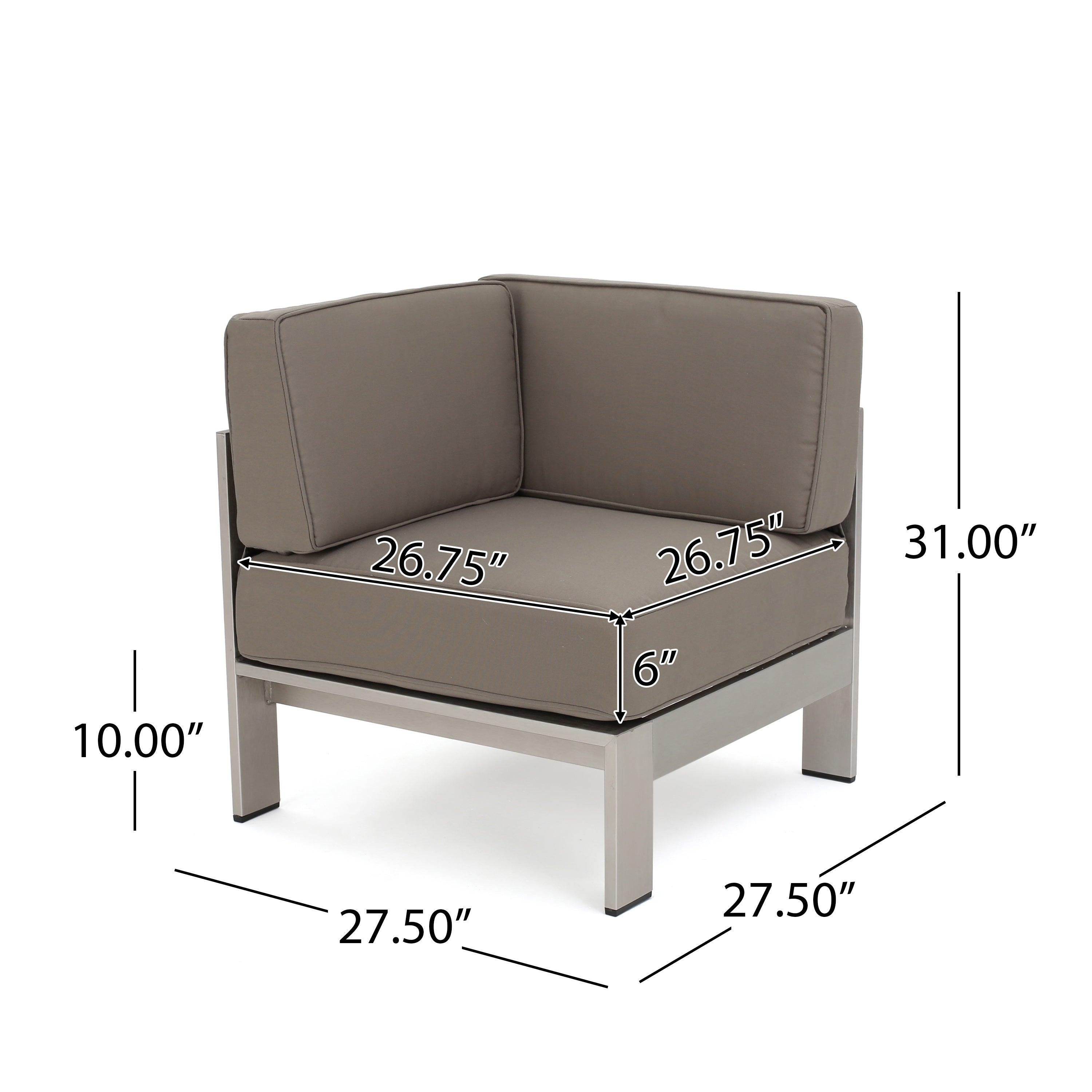 Emily Coral Outdoor Aluminum 5-Seater V-Shape Sectional Sofa Set with Ottoman, Silver and Khaki